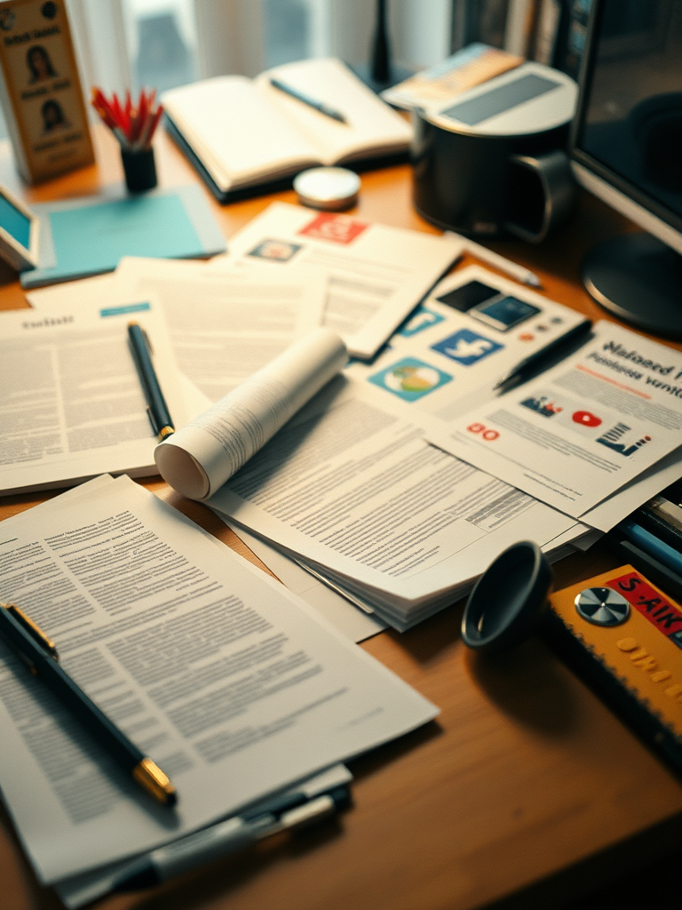 a creative workspace with various writing formats such as press releases, marketing materials, and social media posts scattered on a desk; vibrant icons representing adaptability, clarity, and engaging storytelling; subtle public relations elements like a microphone and media badges in the background; a visual sense of audience engagement and impactful communication